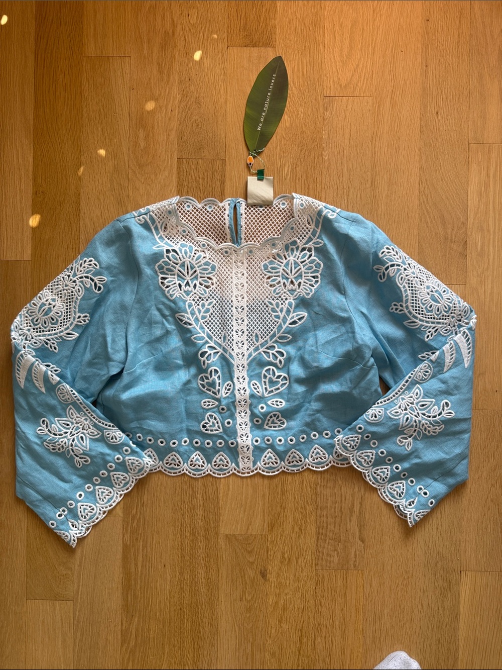 FARM Rio Sky Blue Cropped Embroidered Blouse with White Lace